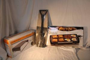 lot 126 image: Presto Electric Griddle, Can Crusher, and Camden TV Stand