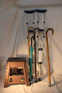 lot 134 image: Pair of Crutches, Canes, Umbrella and Collapsible Step Stool