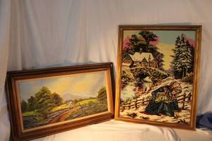 lot 140 image: Landscape Painting and Embroidered Landscape with Girl