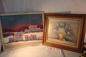 lot 142 image: Southwestern Print and Painting of Basket with Flowers