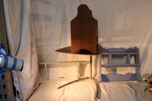 lot 146 image: Adjustable Chair height Table, Decorative Wooden Shelves, and Floor Magazine Rack