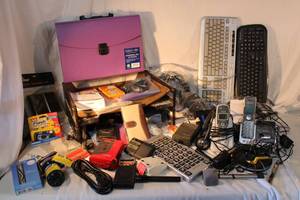 lot 147 image: Office Supplies Keyboards, Paper Trays, Phones, Micro Speaker Set, One time Use Camera and More