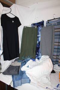 lot 188 image: Womens Clothes Long Skirts, White Cable Sweater, Black Dress, Jeans and More, see pictures for sizes