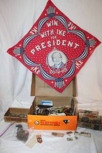 lot 189 image: Collection of Vintage Finds - including IKE for PRESIDENT scarf and 1880 GarfieldArthur Election Stickers, see pictures