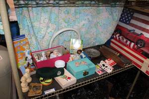 lot 205 image: Misc. Lot Girl Scout Beret, Vintage Jewelry Box, Figurines, Games, Flags