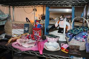 lot 207 image: Vintage Pop-up Clown and Brutus Toy from Popeye, Canvas Basket, Cosmetic Bags and more