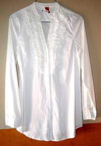lot 37 image: LEL LONG ELEGANT LEGS WHITE RUFFLE LONG SLEEVE BLOUSE - SIZE MEDIUM