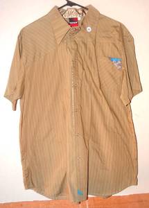 lot 42 image: FLY RACING BUTTON UP SHIRT - BEIGE W BLUE EMBROIDERED LOGO - SIZE LARGE