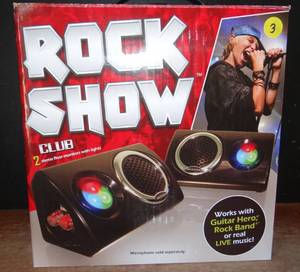 lot 3 image: NEW Rock Show Club 2 Stereo Speaker Floor Monitors with lights Works with Guitar Hero $$