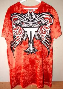 lot 77 image: THROWDOWN BY AFFLICTION PREMIUM SHORT SLEEVE GRAPHIC ORANGE SHIRT $$
