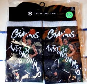 lot 355 image: NIP - Giannis Antetokounmpo Milwaukee Bucks Strideline Crew Socks ML NEW (RETAIL $17.99)