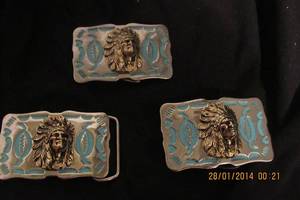 lot 133 image: WESTERN INDIAN HEAD RECTANGULAR BELT BUCKLE- STERLING SILVER WITH PAINTED TURQUOISE INLAY 4 X 2.5 APROX