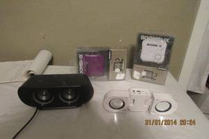 lot 155 image: BOOM BOX BY EAGLE X 2, MINI BANK OF AMERICA  SMART PHONE SPKR, LOGITECH CTR SPKR