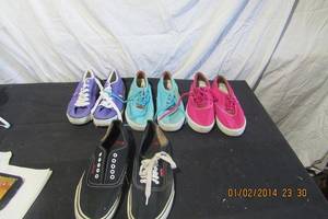 lot 168 image: POLO KIDS DECK SHOES 5.25 X 3 PINK, BABY BLUE, AND PURPLE. LEVIS BOARDWALK DENIM SHOES SIZE 8.5