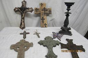 lot 228 image: CROSSES, VARIOUS SIZES AND LARGE PUTER CANDLE HOLDER