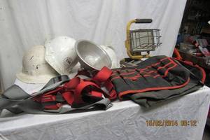 lot 23 image: OUT DOOR EQUIPMENT- DESIGNERS EDGE WORKLIGHT, HUSKY TOOLBAG, WORK LIGHT, PRO HARNESS BY PROTECTA, AND HARD HATS 3 EACH