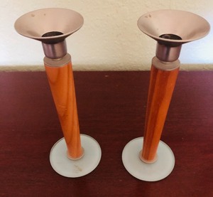 lot 121 image: VINTAGE WOOD  METAL &amp GLASS CANDLE HOLDERS