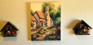 lot 122 image: RAINBOW COTTAGE CANVAS PAINTING 14x18 with 2 BIRD HOUSE DECOR WALL HANGING by MFAGAN