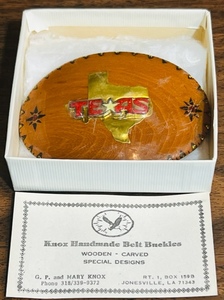 lot 51 image: VINTAGE HAND CARVED WOODEN TEXAS BELT BUCKLE by KNOX HANDMADE BELT BUCKLES, JONESVILLE, LA
