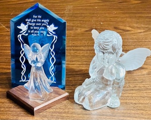 lot 73 image: 6.5 DACRA GLASS CO. ANGEL #6707 and 5.5 GLASS ANGEL CANDLE HOLDER
