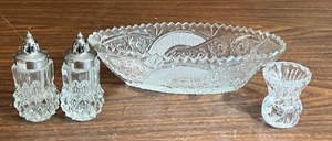 lot 76 image: 4 PIECE CUT GLASS CONDIMENT SET with TOOTH PICK HOLDER