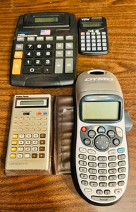 lot 189 image: DYMO TAG LABLE MAKER wVINTAGE RADIO SHACK LCD SCIENTIFIC CALCULATOR and 2 OTHER CALCULATORS