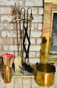 lot 222 image: FIRE PLACE SET wBRASS COIL BUCKET &amp MATCH HOLDER