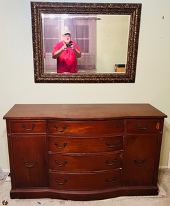 lot 228 image: VINTAGE 60x 34x 18 WOODEN DRESSER wFRAMED MIRROR 44x 32