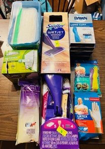 lot 232 image: NEW SWIFTER WET JET WOOD MOPPING KIT wHUGE AMOUNT OF SWIFTER REFILLS &amp LATEX GLOVES