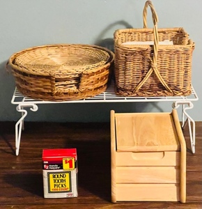 lot 311 image: WICKER NAPKIN & PAPER PLATE HOLDERS  SHELF ORGANIZER  WOODEN RECIPE BOX  ROUND TOOTHPICKS