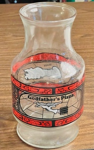 lot 328 image: VINTAGE GODFATHERS PIZZA COCA-COLA STAINED GLASS LOOK CARAFEPITCHER