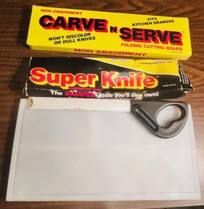 lot 342 image: CARVE-N-SERVE FOLDING CUTTING BOARD & CENTENNIAL SUPER KNIFE wDIAMOND CUT EDGE SURGICAL STAINLESS STEEL 1983