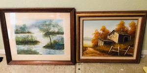 lot 145 image: COUNTRY BARN PAINTING 21x17 and WETLAND PAINTING 22x18
