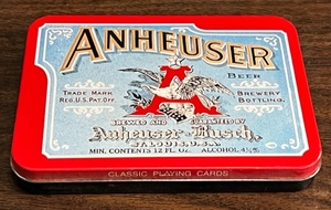 lot 394 image: ANHEUSER-BUSCH TIN w2 UNOPENED DECKS OF BUDWEISER PLAYING CARDS (CONTAINER MADE IN ENGLAND 1992