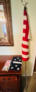 lot 398 image: 2 AMERICAN FLAGS  FLAG POLE wSILVER COLORED EAGLE  REPLACEMENT GOLD COLORED EAGLE