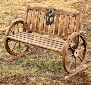 lot 5 image: WOODEN WAGON WHEEL BENCH SEAT WCROSS INLAYED WITH U.S. MARINE CHALLENGE COIN