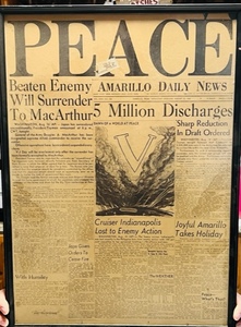 lot 11 image: 17x 23.5 FRAMED AMARILLO DAILY NEWS AUGUST 15, 1945 VICTORY AGAINST JAPAN FRONT PAGE