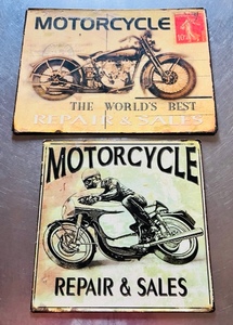 lot 14 image: 12.5x 9.5 and 9.5x 9.5 METAL MOTORCYCLE REPAIR and SALES SIGNS