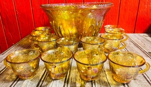 lot 28 image: Vintage Fenton Carnival Glass Amber Opalescent Grapevine Pattern Punch Bowl W12 Cups