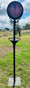 lot 37 image: 7 12 Foot Tall Decorative Metal Yard Art Clock W Two Additional Faces(Clock Decorative Only)