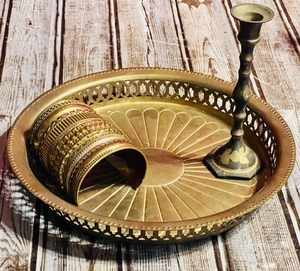 lot 74 image: Brass 10 Tray, Beautiful Womans Cuff, and Ornate 6 Candlestick Holder- Made in India