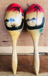 lot 167 image: Vintage Wooden Maracas With Tropical Design Made in Mexico