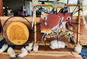 lot 169 image: Vintage Dream-Catcher Style Wood and Leather Indian Art by M. Demeza