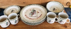 lot 177 image: Vintage Can We Build a Snowman Holiday Dinnerware W 4 Place Settings