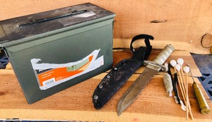 lot 178 image: Ammo Box, Survival Knife, &amp Gun Cleaning Accessories