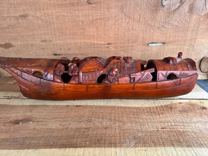 lot 130 image: Oriental 19in. Hand-Carved Wooden Boat WSpot to Burn a Candle