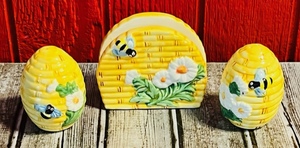 lot 254 image: Vintage Bee Hive Themed Salt &amp Pepper Shakers W Matching Napkin Holder