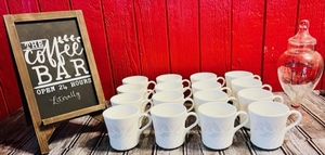 lot 194 image: Coffee Message Two-Sided Sandwich Board, 16 Corning Coffee Cups, &amp Decorative Glads Tea Container