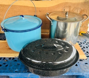 lot 235 image: 14in. Roasting Pan &amp 12in. and10in. Stock Pots