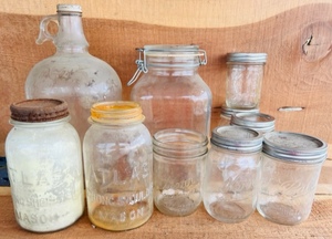 lot 242 image: Lot of 8 Vintage Atlas Strong Shoulders, Kerr, and Ball Mason Jars W Vintage Glass Jug &amp Fida Glass Container with Bale Top